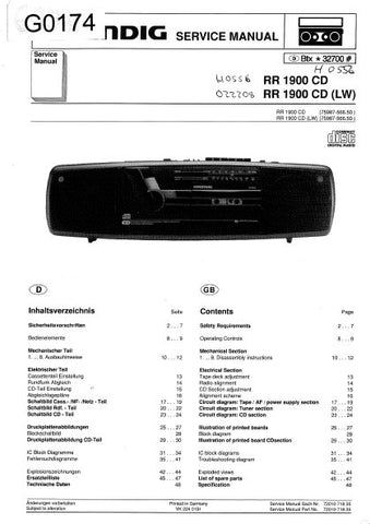 GRUNDIG RR1900CD RR1900CD (LW) FM STEREO CD RADIO CASSETTE TAPE RECORDER SERVICE MANUAL INC BLK DIAG PCBS SCHEM DIAGS AND PARTS LIST 12 PAGES ENG DEUT