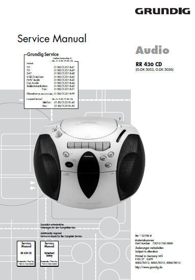 GRUNDIG RR430CD FM STEREO CD RADIO CASSETTE TAPE RECORDER SERVICE MANUAL INC PCBS SCHEM DIAGS AND PARTS LIST 24 PAGES ENG DEUT