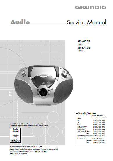 GRUNDIG RR640CD RR670CD CD  STEREO FM RADIO CASSETTE TAPE RECORDER SERVICE MANUAL INC BLK DIAGS PCBS SCHEM DIAGS AND PARTS LIST 36 PAGES ENG DEUT