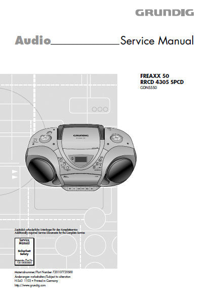 GRUNDIG RRCD4305SPCD FREAXX50 CD FM STEREO RADIO CASSETTE TAPE RECORDER SERVICE MANUAL INC PCBS SCHEM DIAGS AND PARTS LIST 35 PAGES ENG DEUT