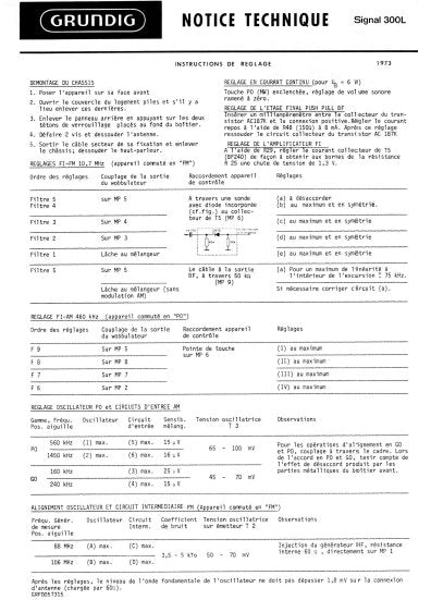 GRUNDIG SIGNAL 300L RADIO NOTICE TECHNIQUE INSTRUCTIONS DE REGLAGE INC PCBS AND SCHEM DIAG 5 PAGES FRANC