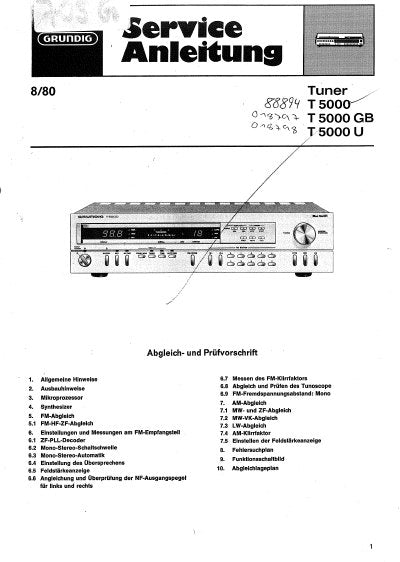 GRUNDIG T5000 T5000GB T5000U TUNER SERVICE ANLEITUNG MIT PCBS UND SCHALTPLANS 18 SEITE DEUT