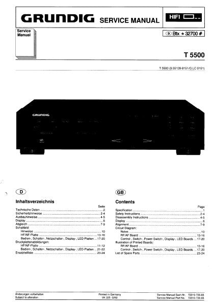 GRUNDIG T5500 TUNER SERVICE MANUAL INC PCBS SCHEM DIAGS AND PARTS LIST 24 PAGES ENG DEUT FRANC ESP MULTI