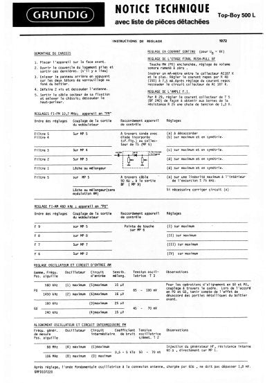 GRUNDIG TOP BOY 500 500L RADIO NOTICE TECHNIQUE INC PCB AND SCHEM DIAG 5 PAGES FRANC