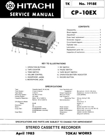 HITACHI CP-10EX STEREO CASSETTE RECORDER SERVICE MANUAL INC BLK DIAG PCBS SCHEM DIAG AND PARTS LIST 8 PAGES ENG