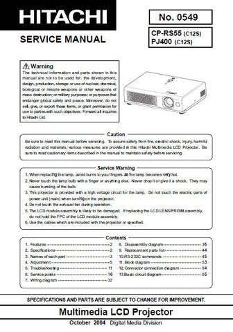 HITACHI CP-RS55 MULTIMEDIA LCD PROJECTOR SERVICE MANUAL INC BLK DIAG SCHEM DIAGS AND PARTS LIST 70 PAGES ENG