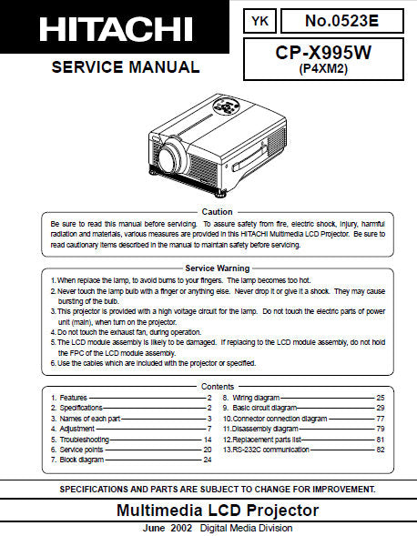 HITACHI CP-X995W MULTIMEDIA LCD PROJECTOR SERVICE MANUAL INC BLK DIAG SCHEM DIAGS AND PARTS LIST 66 PAGES ENG
