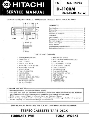 HITACHI D-1100M STEREO CASSETTE TAPE DECK SERVICE MANUAL INC BLK DIAG PCBS SCHEM DIAG AND PARTS LIST 16 PAGES ENG