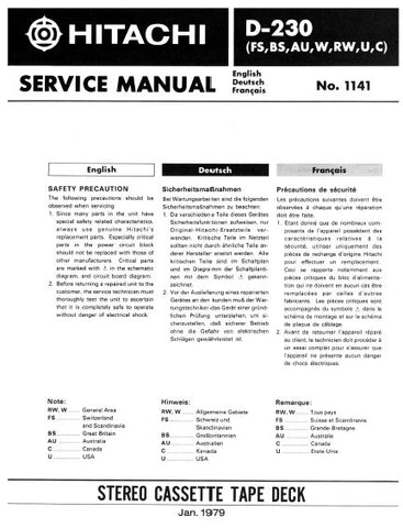 HITACHI D-230 STEREO CASSETTE TAPE DECK SERVICE MANUAL INC BLK DIAG PCBS SCHEM DIAG AND PARTS LIST 19 PAGES ENG DEUT FRANC