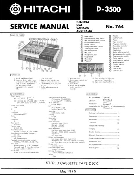 HITACHI D-3500 STEREO CASSETTE TAPE DECK SERVICE MANUAL INC BLK DIAG PCBS SCHEM DIAG AND PARTS LIST 25 PAGES ENG