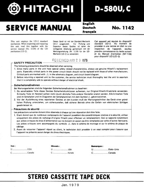 HITACHI D-580,C STEREO CASSETTE TAPE DECK SERVICE MANUAL INC BLK DIAG PCBS SCHEM DIAG AND PARTS LIST 14 PAGES ENG