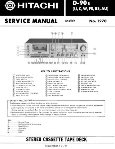 HITACHI D-90s STEREO CASSETTE TAPE DECK SERVICE MANUAL INC BLK DIAG PCBS SCHEM DIAG AND PARTS LIST 16 PAGES ENG