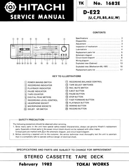 HITACHI D-E22 STEREO CASSETTE TAPE DECK SERVICE MANUAL INC PCBS SCHEM DIAG AND PARTS LIST 14 PAGES ENG