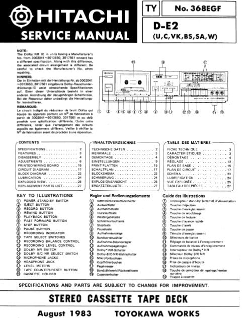 HITACHI D-E2 STEREO CASSETTE TAPE DECK SERVICE MANUAL INC PCBS SCHEM DIAGS AND PARTS LIST 24 PAGES ENG DEUT FRANC