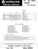 HITACHI D-E37 STEREO CASSETTE TAPE DECK SERVICE MANUAL INC PCBS SCHEM DIAG AND PARTS LIST 12 PAGES ENG