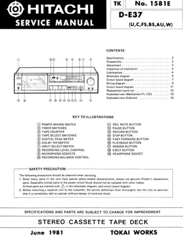 HITACHI D-E37 STEREO CASSETTE TAPE DECK SERVICE MANUAL INC PCBS SCHEM DIAG AND PARTS LIST 12 PAGES ENG