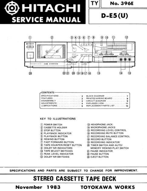 HITACHI D-E5 STEREO CASSETTE TAPE DECK SERVICE MANUAL INC BLK DIAG PCBS SCHEM DIAG AND PARTS LIST 16 PAGES ENG