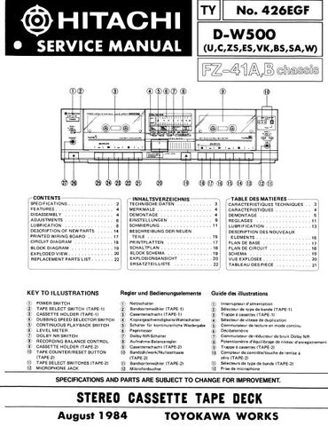 HITACHI D-W500 STEREO CASSETTE TAPE DECK SERVICE MANUAL INC BLK DIAG PCBS SCHEM DIAG AND PARTS LIST 26 PAGES EN DEUT FRANC