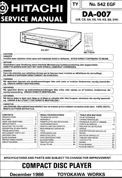 HITACHI DA-007 CD PLAYER SERVICE MANUAL INC BLK DIAG PCBS SCHEM DIAGS AND PARTS LIST 52 PAGES ENG