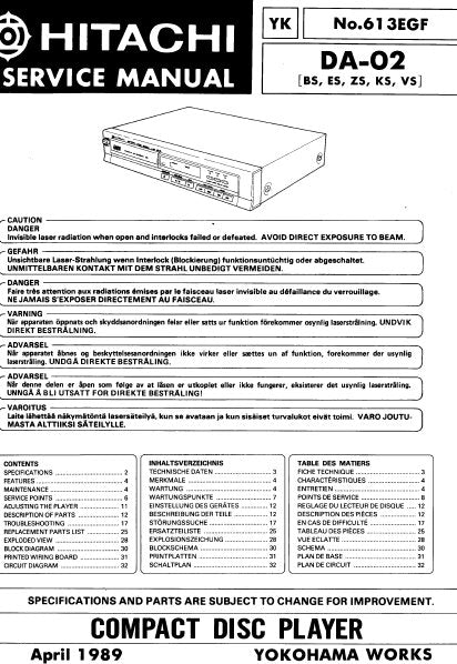 HITACHI DA-02 CD PLAYER SERVICE MANUAL INC BLK DIAG PCBS SCHEM DIAGS AND PARTS LIST 45 PAGES ENG