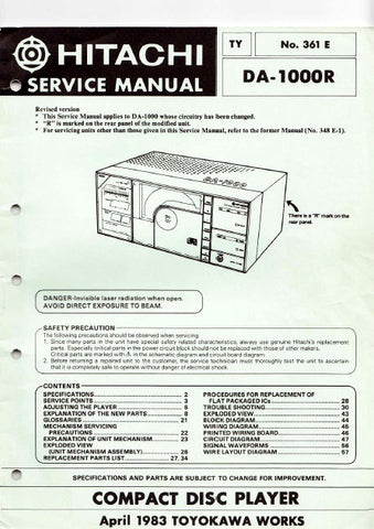 HITACHI DA-1000R CD PLAYER SERVICE MANUAL INC BLK DIAG PCBS SCHEM DIAGS AND PARTS LIST 74 PAGES ENG