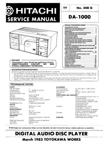 HITACHI DA-1000 DIGITAL AUDIO DISC PLAYER SERVICE MANUAL INC BLK DIAG PCBS SCHEM DIAGS AND PARTS LIST 140 PAGES DEUT