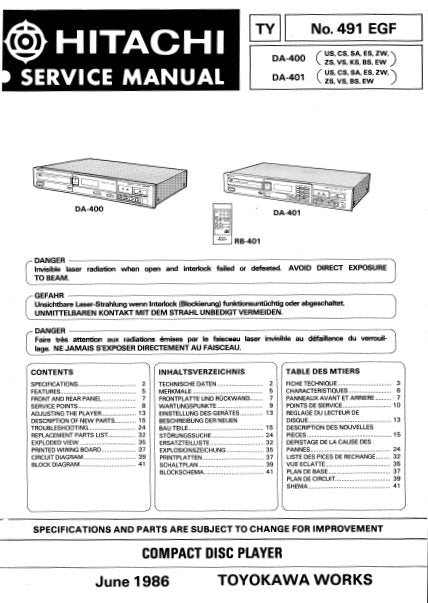 HITACHI DA-400 DA-401 CD PLAYER SERVICE MANUAL INC PCBS SCHEM DIAGS AND PARTS LIST 43 PAGES EN DEUT FRANC