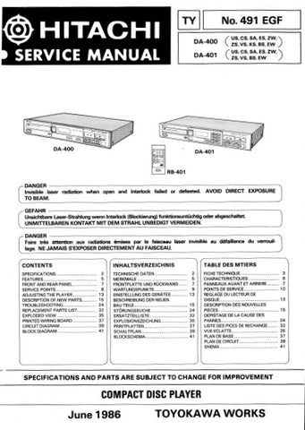 HITACHI DA-400 DA-401 CD PLAYER SERVICE MANUAL INC PCBS SCHEM DIAGS AND PARTS LIST 43 PAGES EN DEUT FRANC