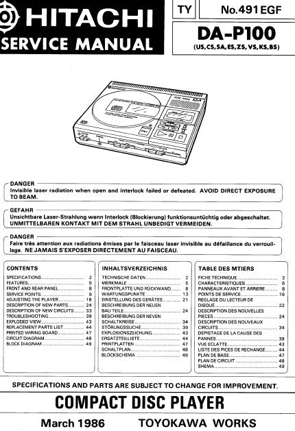 HITACHI DA-P100 CD PLAYER SERVICE MANUAL INC BLK DIAG PCBS SCHEM DIAGS AND PARTS LIST 61 PAGES ENG DEUT FRANC