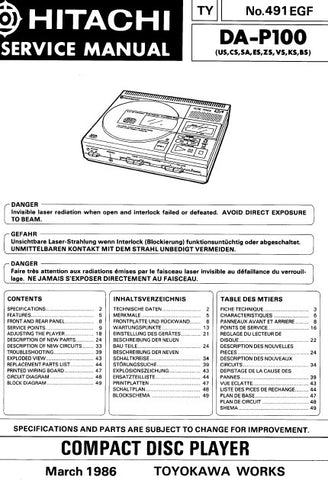 HITACHI DA-P100 CD PLAYER SERVICE MANUAL INC BLK DIAG PCBS SCHEM DIAGS AND PARTS LIST 61 PAGES ENG DEUT FRANC