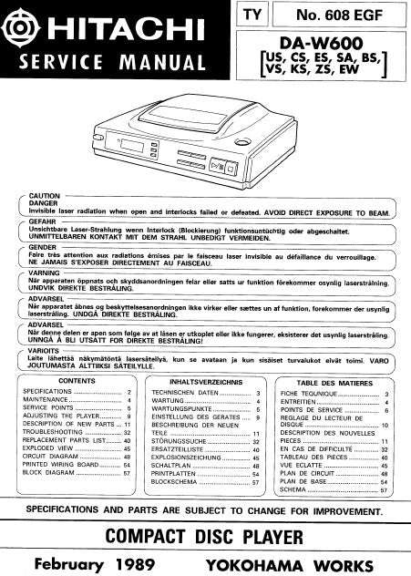 HITACHI DA-W600 CD PLAYER SERVICE MANUAL INC BLK DIAG PCBS SCHEM DIAGS AND PARTS LIST 58 PAGES ENG DEUT FRANC