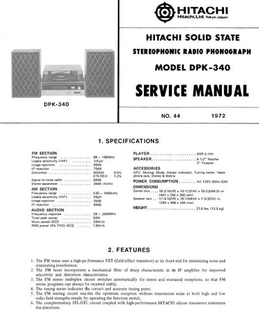 HITACHI DPK-340 STEREOPHONIC RADIO PHONOGRAPH SERVICE MANUAL INC PCBS SCHEM DIAG AND PARTS LIST 12 PAGES ENG