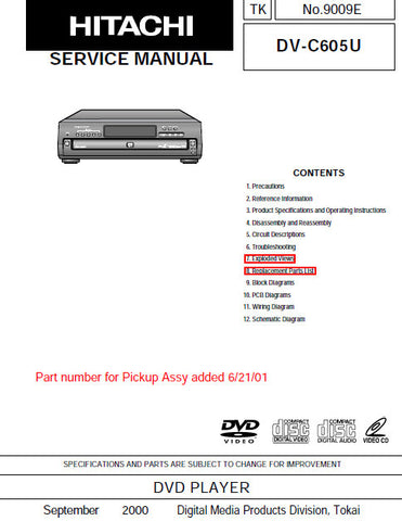 HITACHI DV-C605U DVD PLAYER SERVICE MANUAL INC BLK DIAG PCBS SCHEM DIAGS AND PARTS LIST 126 PAGES ENG