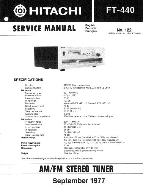 HITACHI FT-440 AM FM STEREO TUNER SERVICE MANUAL INC BLK DIAG PCBS SCHEM DIAG AND PARTS LIST 12 PAGES ENG