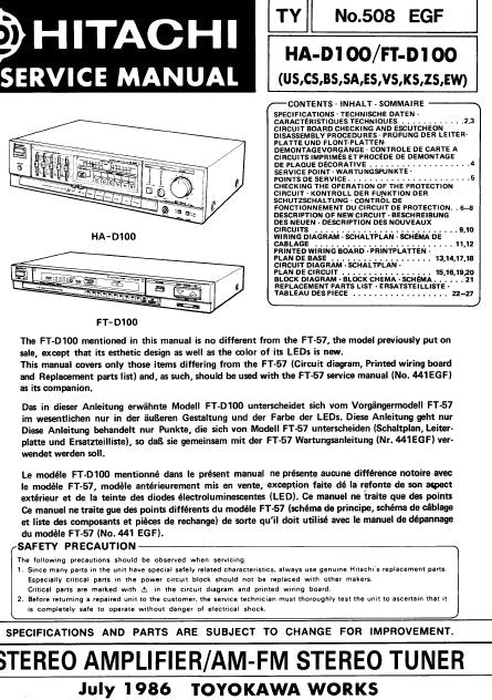 HITACHI FT-D100 HA-D100 AM FM STEREO TUNER STEREO AMPLIFIER SERVICE MANUAL INC BLK DIAG PCBS SCHEM DIAGS AND PARTS LIST 28 PAGES ENG