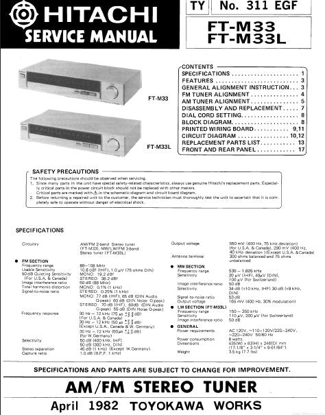 HITACHI FT-M33 FT-M33L AM FM STEREO TUNER SERVICE MANUAL INC BLK DIAG PCBS SCHEM DIAGS AND PARTS LIST 12 PAGES ENG DEUT FRANC