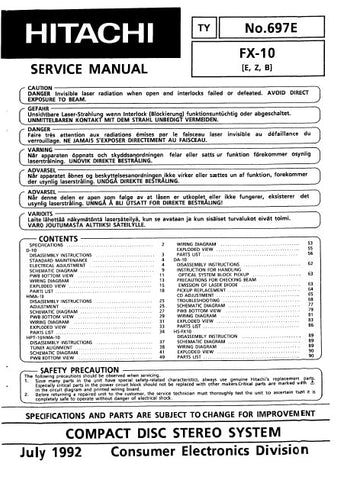 HITACHI FT-X10 CD STEREO SYSTEM SERVICE MANUAL INC BLK DIAG PCBS SCHEM DIAGS AND PARTS LIST 66 PAGES ENG