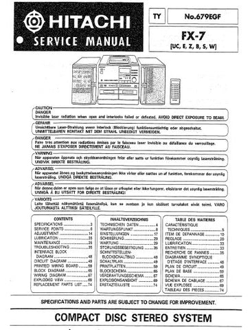 HITACHI FX-7 CD STEREO SYSTEM SERVICE MANUAL INC BLK DIAG PCBS SCHEM DIAGS AND PARTS LIST 47 PAGES ENG DEUT FRANC