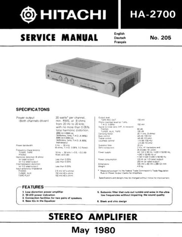 HITACHI HA-2700 STEREO AMPLIFIER SERVICE MANUAL INC BLK DIAG PCBS SCHEM DIAG AND PARTS LIST 8 PAGES ENG