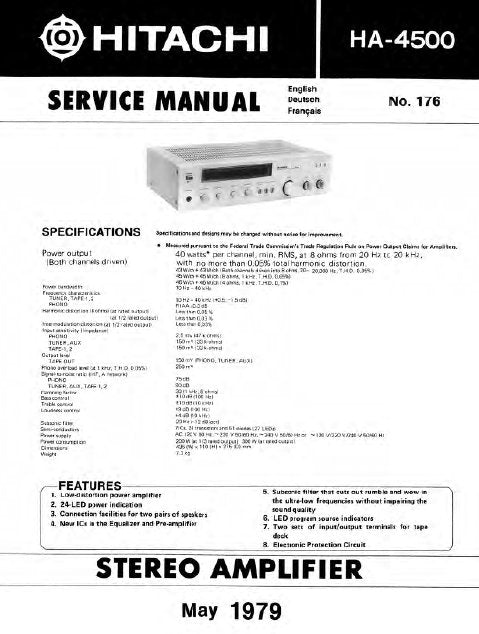 HITACHI HA-4500 STEREO AMPLIFIER SERVICE MANUAL INC BLK DIAG PCBS SCHEM DIAG AND PARTS LIST 12 PAGES ENG