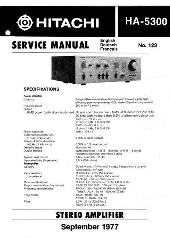 HITACHI HA-5300 STEREO AMPLIFIER SERVICE MANUAL INC BLK DIAG PCBS SCHEM DIAGS AND PARTS LIST 17 PAGES ENG DEUT FRANC