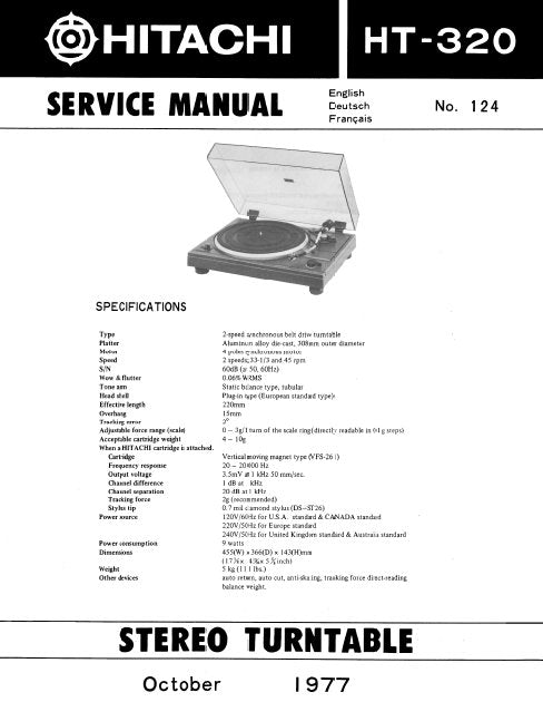 HITACHI HT-320 STEREO TURNTABLE SERVICE MANUAL INC PCBS SCHEM DIAG AND PARTS LIST 12 PAGES ENG