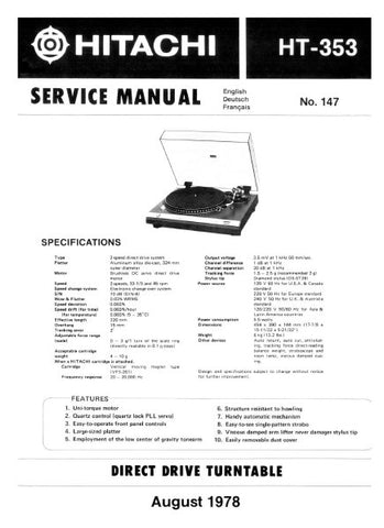 HITACHI HT-353 DIRECT DRIVE TURNTABLE SERVICE MANUAL INC PCBS SCHEM DIAG AND PARTS LIST 16 PAGES ENG