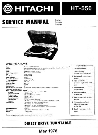 HITACHI HT-550 DIRECT DRIVE TURNTABLE SERVICE MANUAL INC PCBS SCHEM DIAG AND PARTS LIST 16 PAGES ENG
