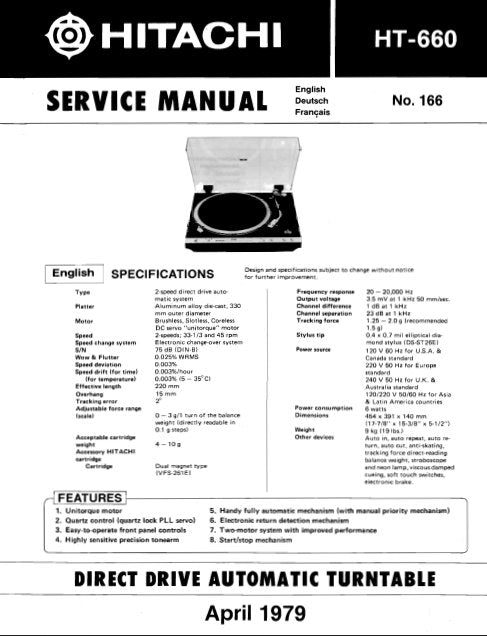 HITACHI HT-660 DIRECT DRIVE AUTOMATIC TURNTABLE SERVICE MANUAL INC BLK DIAG PCBS SCHEM DIAG AND PARTS LIST 28 PAGES ENG