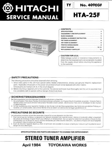 HITACHI HTA-25F STEREO TUNER AMPLIFIER SERVICE MANUAL INC BLK DIAG PCBS SCHEM DIAGS AND PARTS LIST 16 PAGES ENG