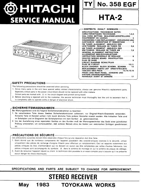 HITACHI HTA-2 STEREO RECEIVER SERVICE MANUAL INC BLK DIAG PCBS SCHEM DIAG AND PARTS LIST16 PAGES ENG