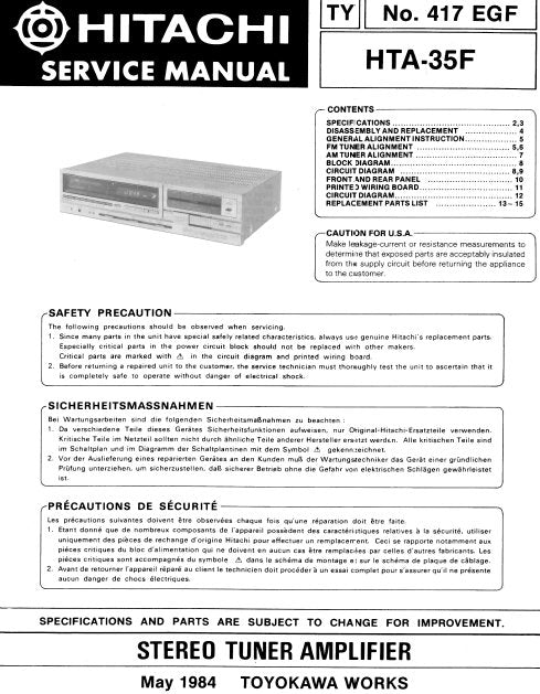 HITACHI HTA-35F STEREO TUNER AMPLIFIER SERVICE MANUAL INC BLK DIAG PCBS SCHEM DIAGS AND PARTS LIST 12 PAGES ENG