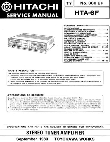 HITACHI HTA-6F STEREO TUNER AMPLIFIER SERVICE MANUAL INC BLK DIAG PCBS SCHEM DIAGS AND PARTS LIST 24 PAGES ENG