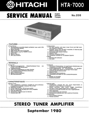 HITACHI HTA-7000 STEREO TUNER AMPLIFIER SERVICE MANUAL INC BLK DIAG PCBS SCHEM DIAGS AND PARTS LIST 44 PAGES ENG